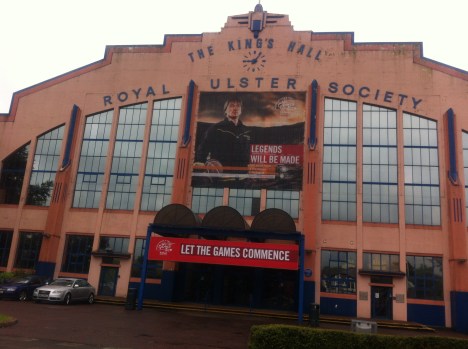 the front of Kings Hall Belfast with welcome poster