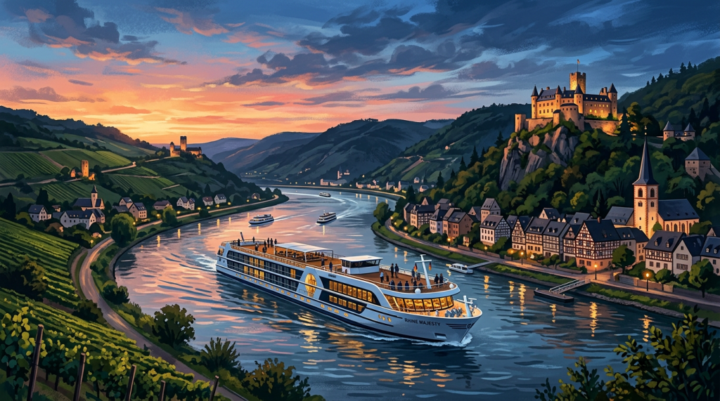 Cruise ship named Rhine Majesty sailing on the Rhine river near historic castles and villages at sunset